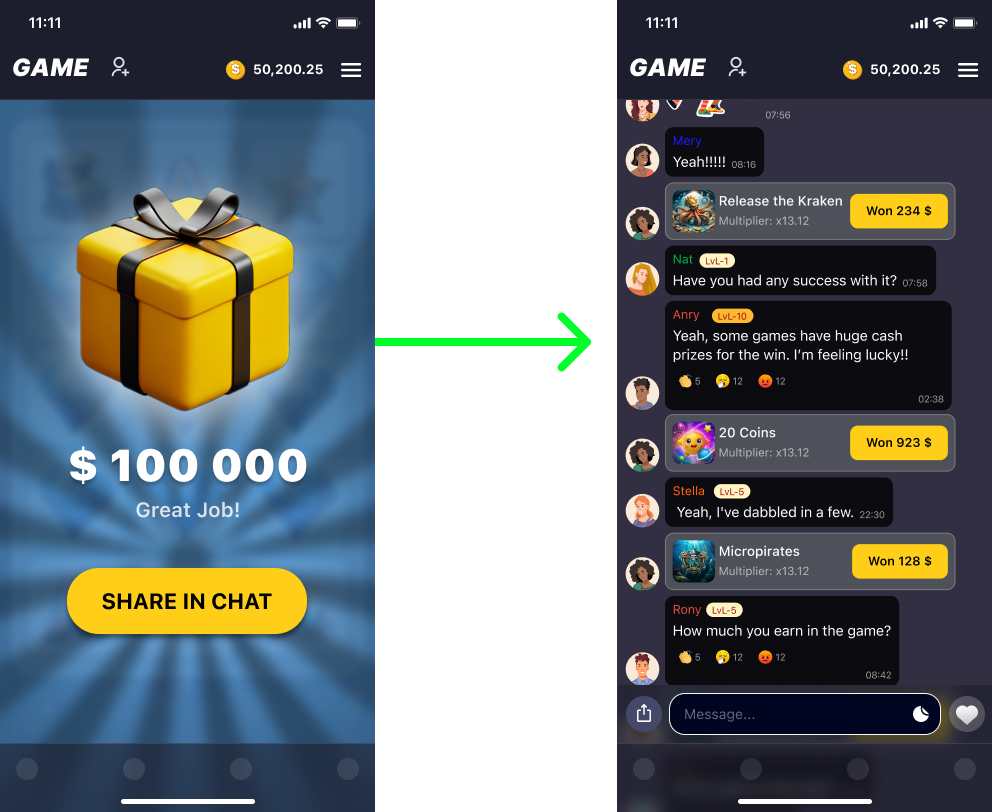 Win screen with a Share in chat button and win cards in the chat