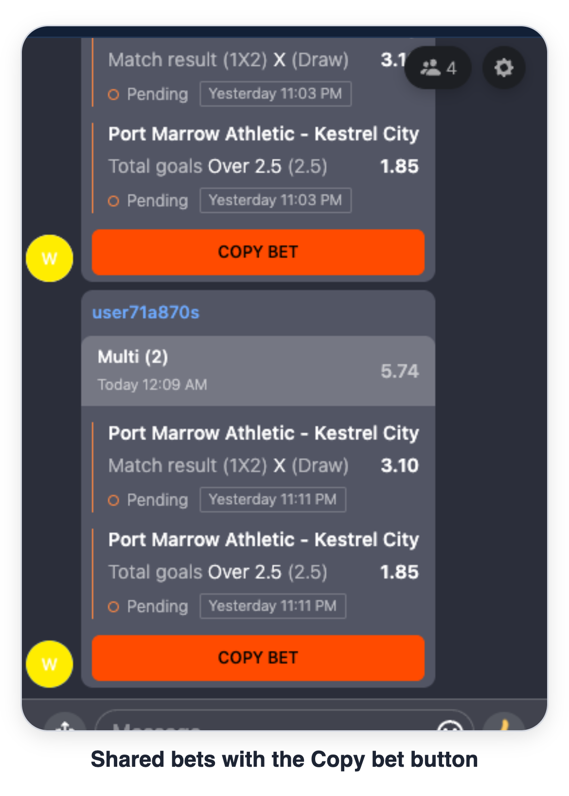 Shared bet cards with the Copy bet button