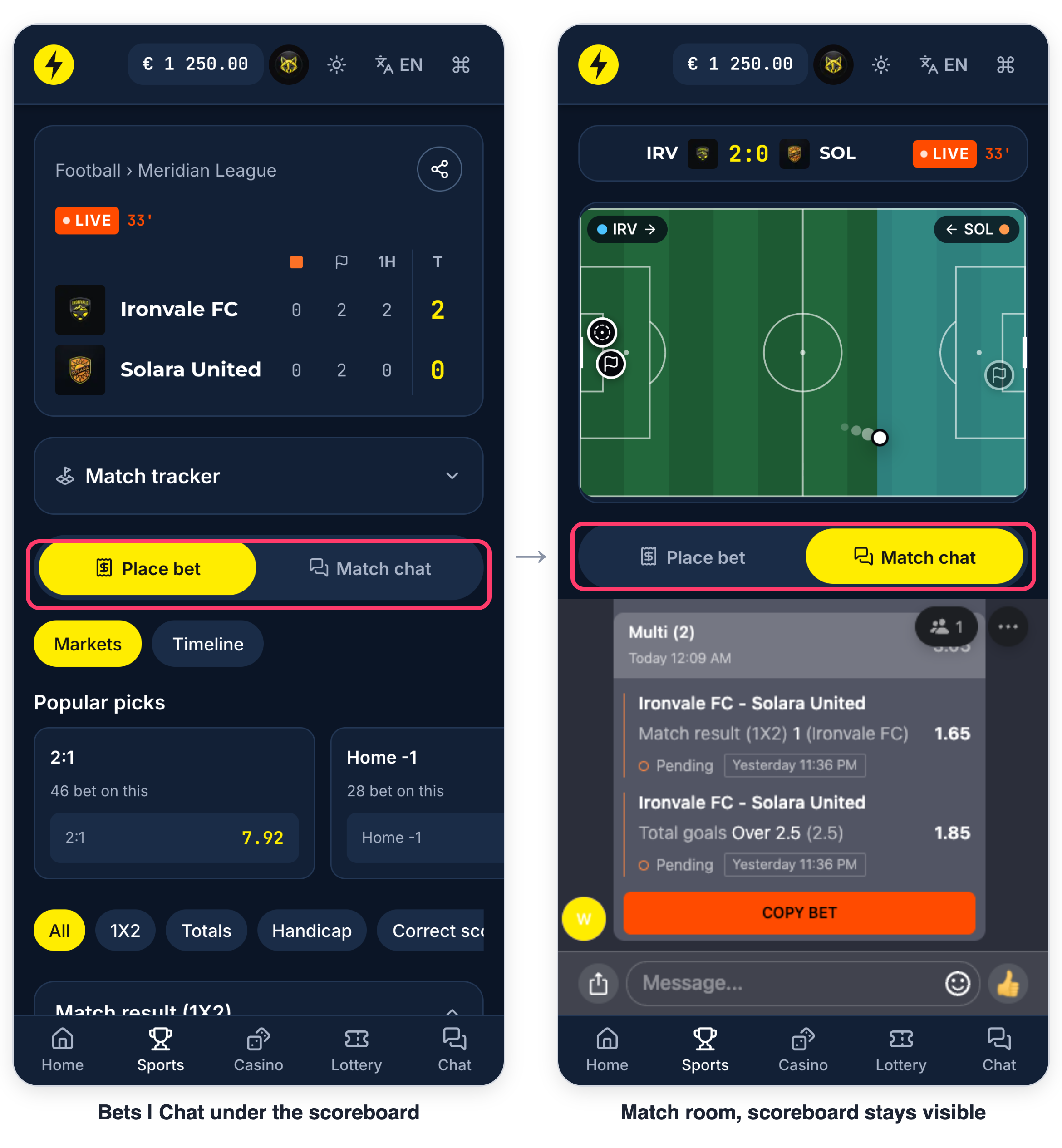 Event page with the Bets | Chat tab under the scoreboard, the match room opens in place of the markets