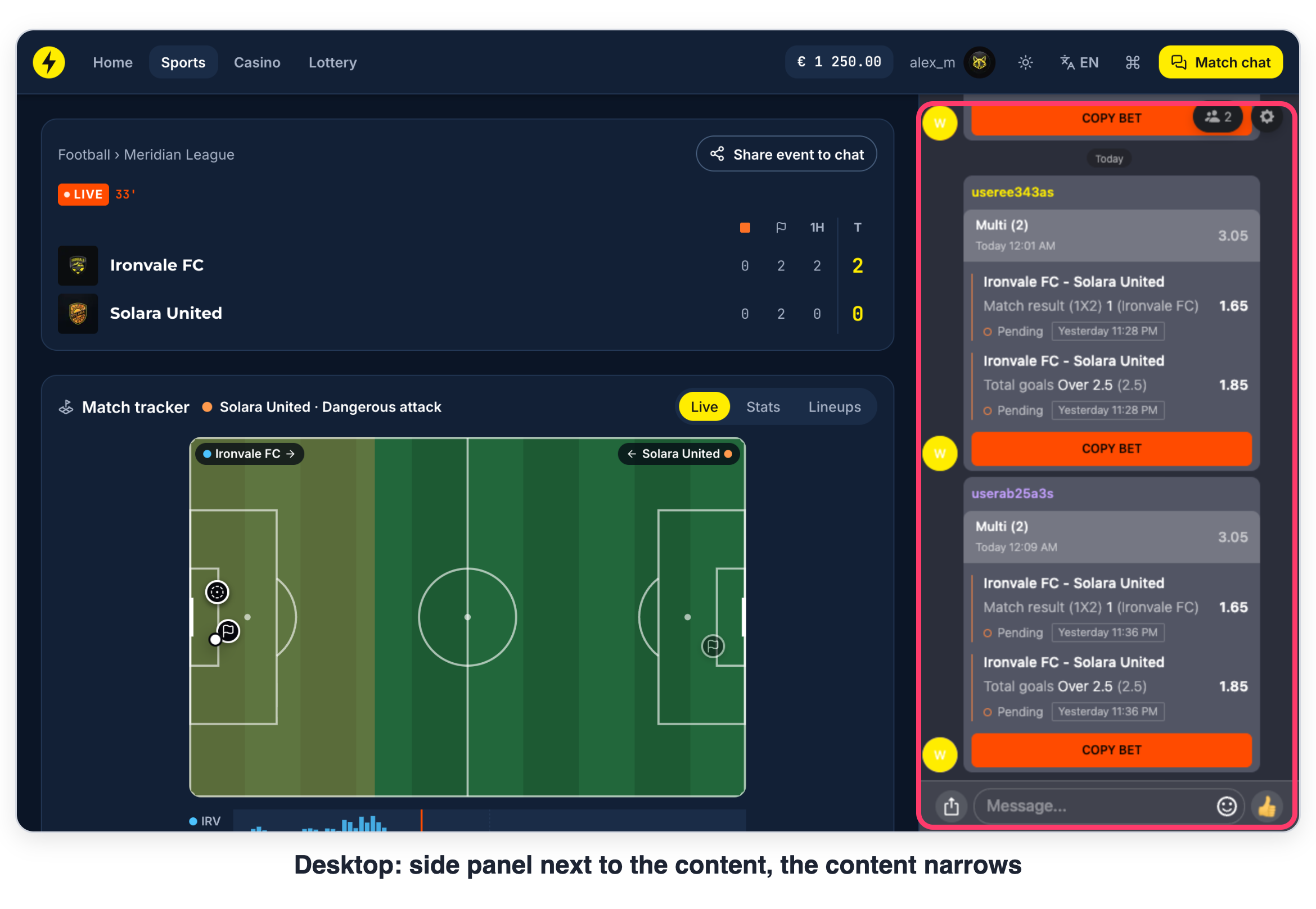 Desktop: chat as a side panel next to the event page