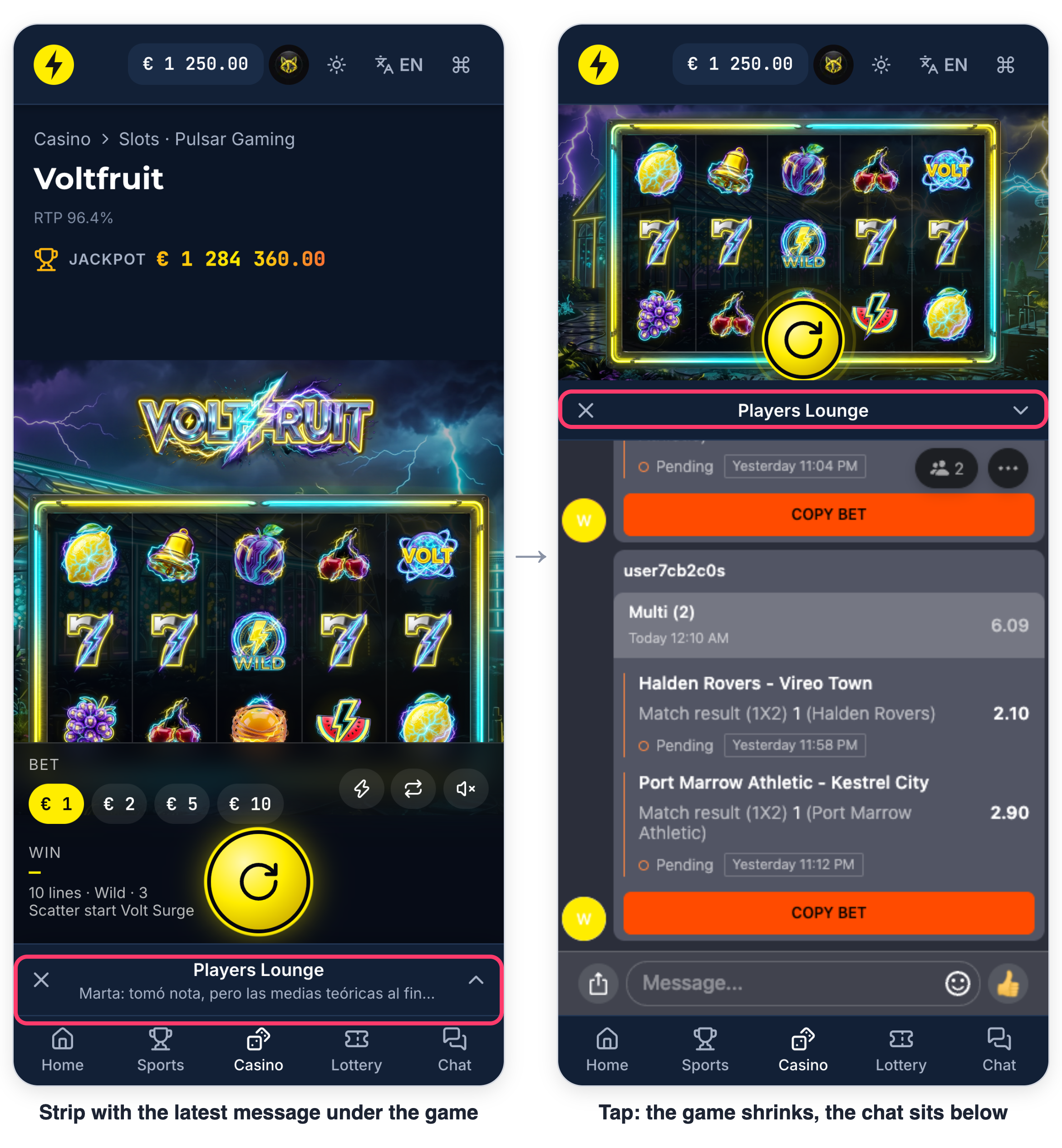 Strip with the latest message under the game; a tap shrinks the game and opens the chat below